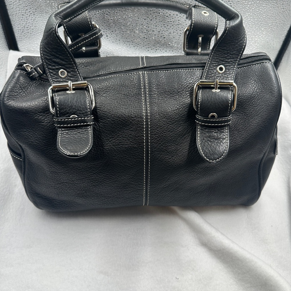 Black Leather Handbag with Silver Buckles